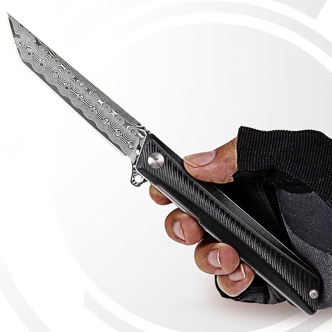 REMETTE Damascus Pocket Knife GD22K Flipper Open Tanto Blade Damascus Steel Folding Pocket Knives with Pocket Clip G10 Handle Men Women Sharp EDC Pocket Knife Camping Hiking Gift