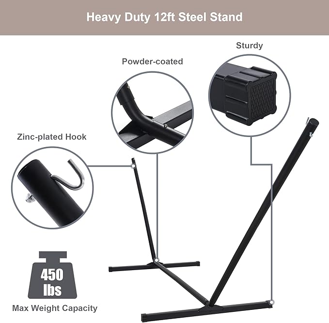 Quick Dry Hammock with Stand Included Heavy Duty Hammock with 12FT Hammock Stand for Outside Poolside 450 Lbs Capacity Brown