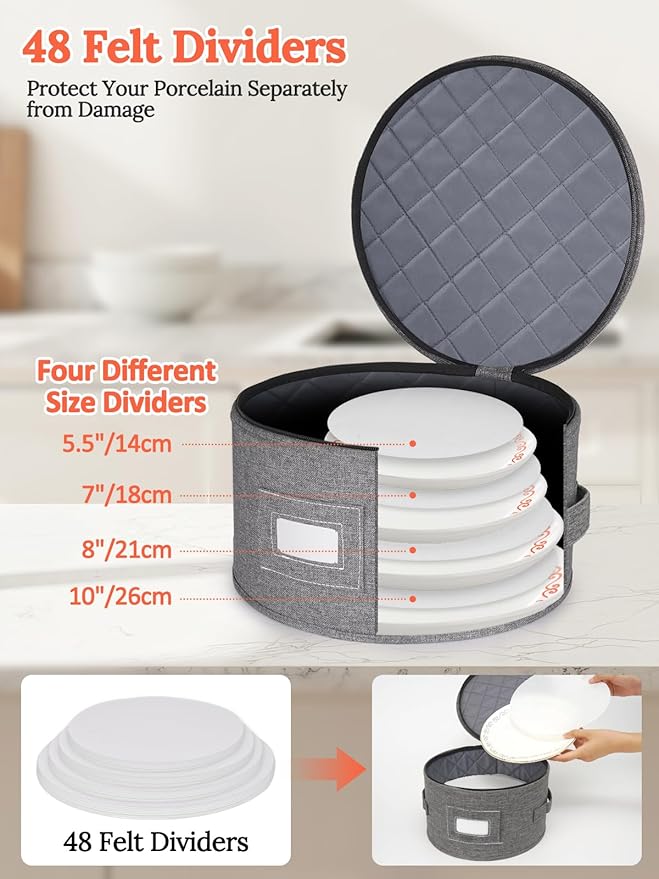 Cirhy Hard Shell China Storage Containers 4-Piece Set - Reinforced Hard-Sided Moving Boxes for Dinner Plates Bowls &amp Saucers - Stackable Dish Packing Protectors with 48 Felt Dividers
