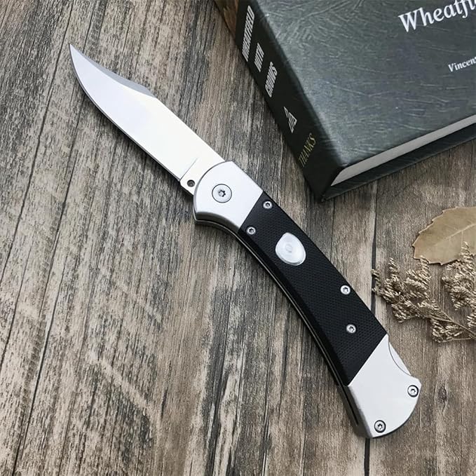 HUAAO Manually Operated Button-Lock Knife Folding Knife 440C Stainless Steel Blade Back lock G10 Handle with Leather Sheath EDC Pocket Knives for Men (Black)