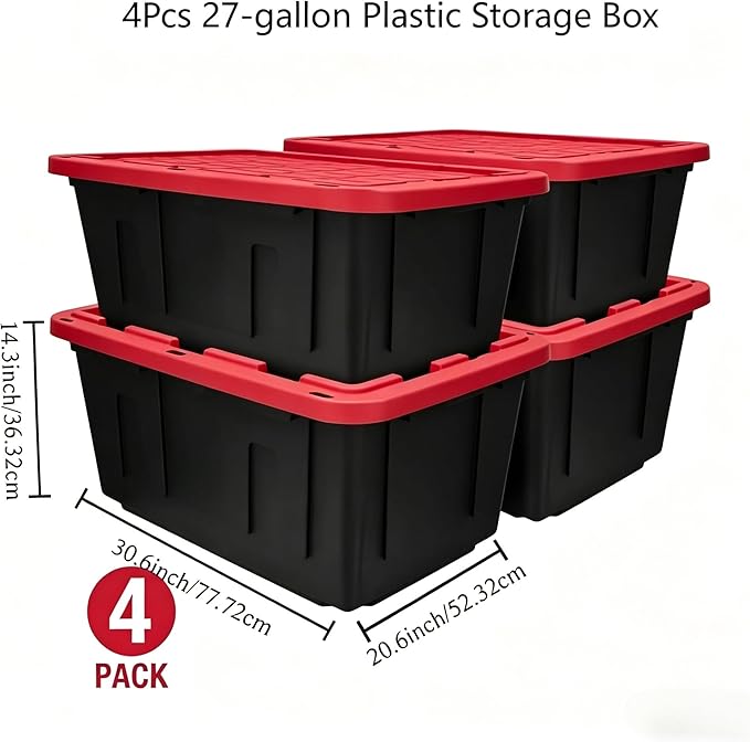 4Pcs 27-gallon Plastic Storage Box Sturdy and Durable with A Lockable Lid Suitable for Outdoor Garage Basement and Indoor Item Organization Stackable Storage Box Black Base and Red Lid