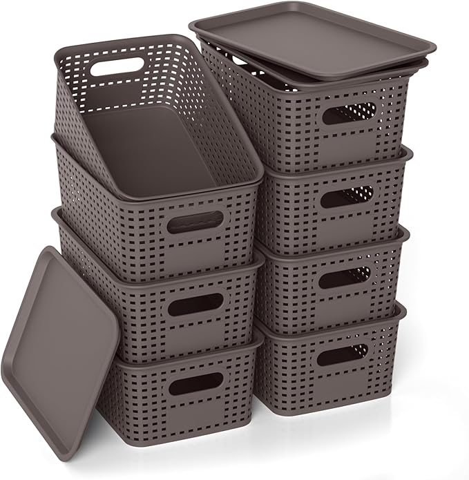 Plastic Storage Basket with Lid Stackable Small Box Bins for Organizing and Containers for Shelves Drawers Desktop Closet Playroom Pantry Classroom Office Home 8 Pack 10.2x7.2x4.1 Inch Brown