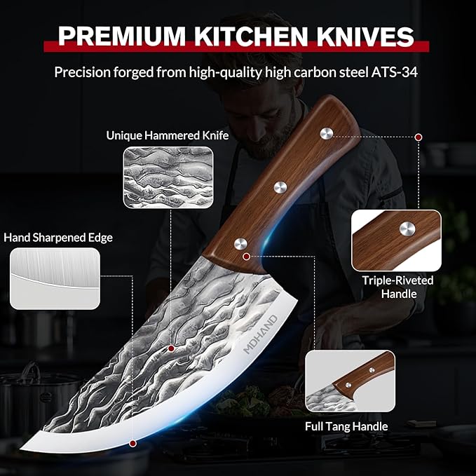 MDHAND Butcher Knife Set Hand Forged Butcher Chef Knife Set with Roll Bag Sharp Heavy Duty Bone Chopper Knives &amp Boning Knife for BBQ Outdoor Camping Meat Cleaver Tools Gifts for Men Women