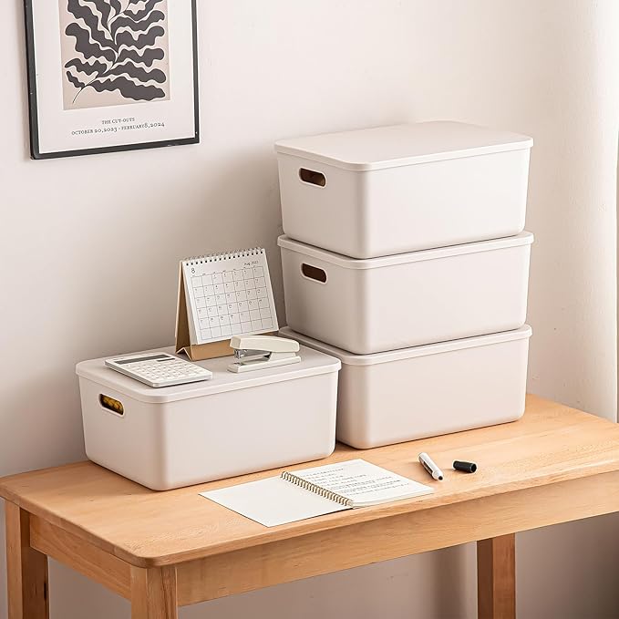 Plastic Storage Bins with Lid White Stackable Storage Basket Organizer Box Sturdy Containers Organizing Lidded Bins for Shelves Cabinet Desk Pantry Bedroom Book Toys (gray 6L+2M)