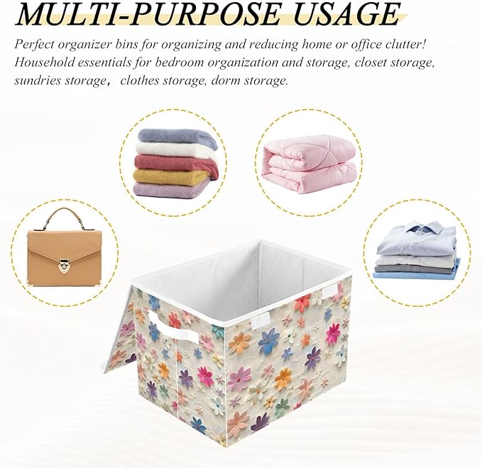 Storage Cube with Lid Cute Florals Print 16.5×12.6×11.8 IN Collapsible Large Capacity Foldable Storage Basket Bin Organizer