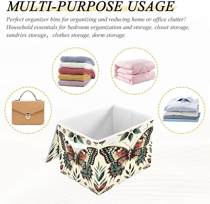 MNSRUU Containers Baskets with Lids Retro Beautiful Butterfly Foldable Storage Bins Organizer with Lid Collapsible Storage Boxes for Home Bedroom Closet Office
