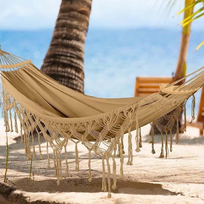 MOSFiATA Backyard Hammock with Tassels Max 500lbs Canvas Fabric Bohemian Style with Thickened Rope and Carry Bag for Outdoor Garden Patio Wedding Decor (Khaki)