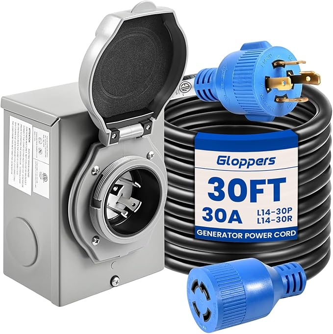 30 Amp Generator Cord and Power Inlet Box 30FT Generator Cords 30 Amp125V/250V Generator Power Cord NEMA L14-30P to L14-30RTwist Lock Connector