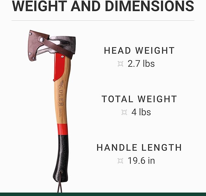 Adler Short Splitter – German Made Wood Splitting Axe Hickory Handle Anti-Slip Grip 2-3/4 lb Head 19.6 Ergonomic Handle w/Leather Sheath for Camping Firewood Bushcraft &amp Outdoor Use (A9)