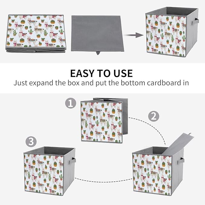 Space-Saving Fabric Storage Cubes Llama And Cactus Collapsible Baskets with Handles Stylish Storage Solution for Home