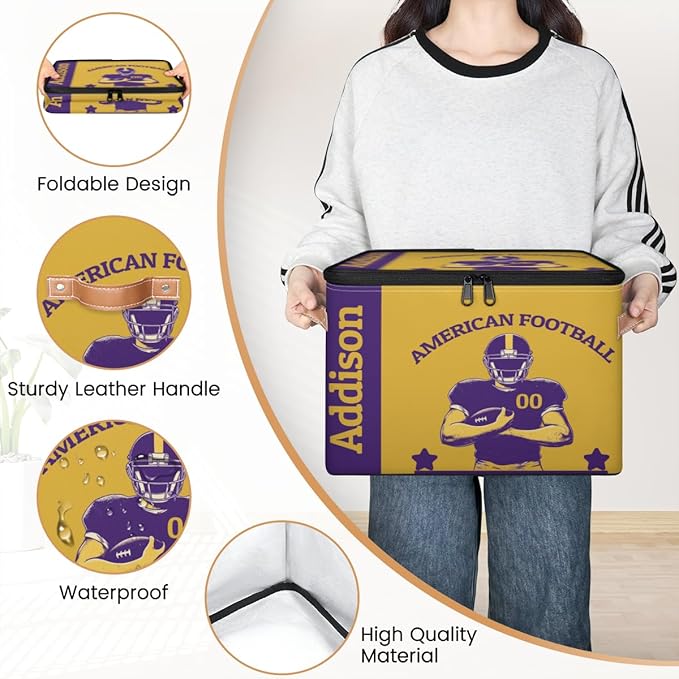 Custom Storage Bins with Zipper Lid American Football Personalized Foldable Storage Baskets Sport Closet Shelf Clothes Organizer Cube with PU Leather Handles