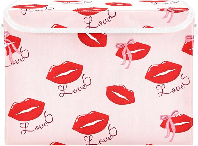 Collapsible Storage Bins with Lids Red Lips with Love Foldable Fabric Organizer Baskets for Closet Home &amp Seasonal Decor 16.5x12.6x11.8 Inches