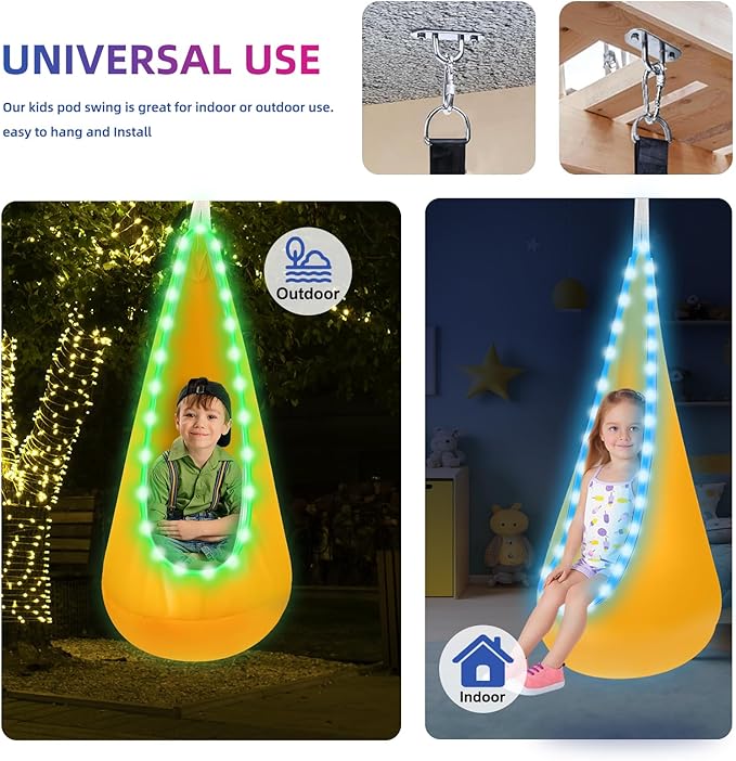 Light Up Kids Pod Swing Seat Upgraded Kids Hanging Hammock with LED Lights Swing Chair for Indoor &amp Outdoor (Orange)