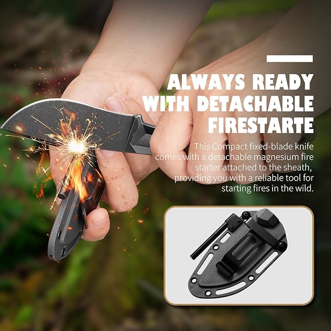 DRACHENADER Survival Knife with Fire Starter L-Y 7.68 Tactical Small Fixed Blade EDC Knife for Men Full Tang Stonewashed Black Blade &amp Black Handle