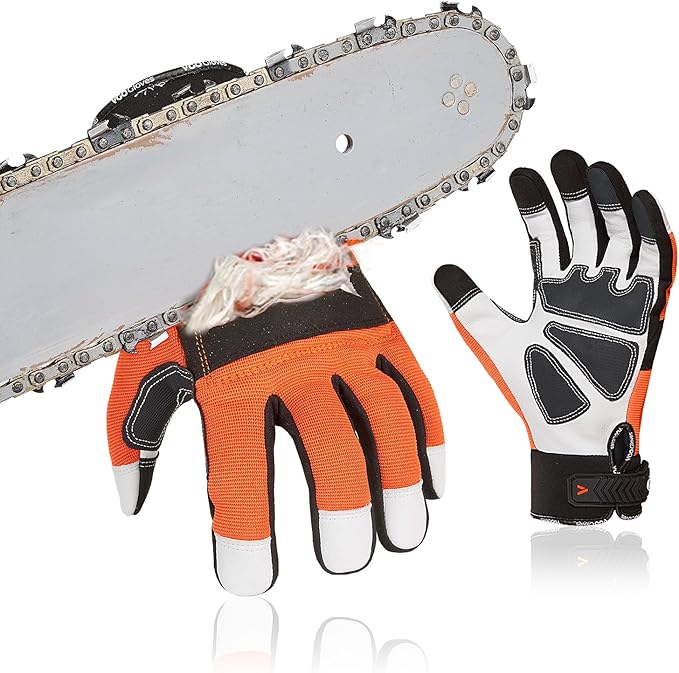 Vgo... 1Pair Chainsaw Gloves 12-Layer Chainsaw Protection on Left Hand BackGoat leather Work Gloves Mechanic Gloves