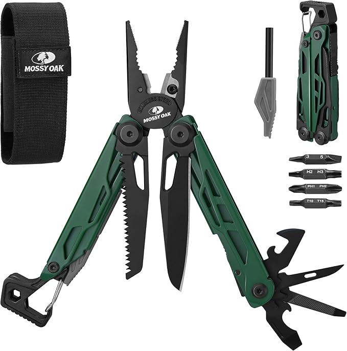 MOSSY OAK CNC-Machined Multitool Pliers 27-in-1 Multi Tool with Pocket Knife Fire Starter &amp Whistle Bottle Opener Screwdriver – Self-Locking Survival Tool for Camping &amp Hiking