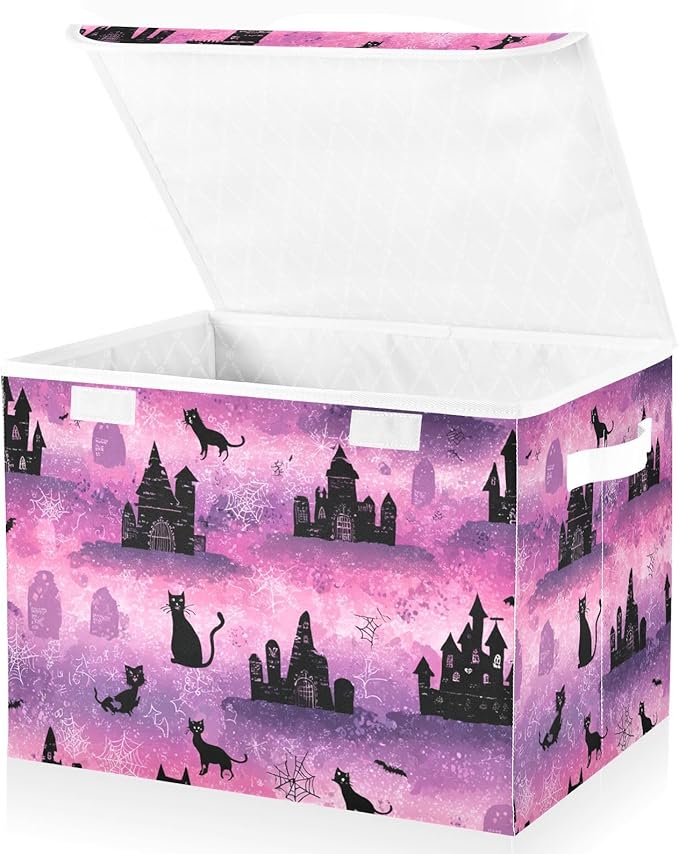 Pink Halloween Castles Cat Tombstones Storage Box with Lid 1 PC Foldable Storage Bin with Lids Stackable Storage Bins Cube Closet Organizer Basket with Flip-Top Lid &amp Handles for Shoes Bo
