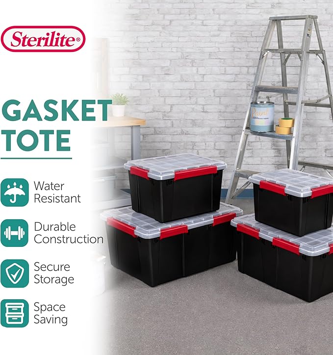 Sterilite 8 Pack Gasket Box Stackable Plastic 13.5 Gallon Storage Container with Lids Black - Waterproof and Dustproof Tote for Home Organization