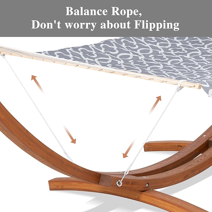 SUNCREAT Hammocks Double Rope Hammock with Wooden Stand Included Outdoor Hammocks with Polyester Pad for Outside 475 lbs Capacity Gray