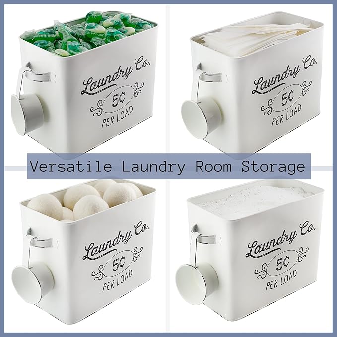 AuldHome Design Farmhouse Laundry Powder Container White Enamelware Detergent Bin w/Scoop