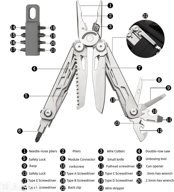 Multi Tool 23-in-1 Full-Size Camping Essentials Hunting &amp Tactical Knives &amp Tools With Safety Locking Outdoor Gear Mens Gifts Ideas Gifts for Hunters Men who have Everything (Black）