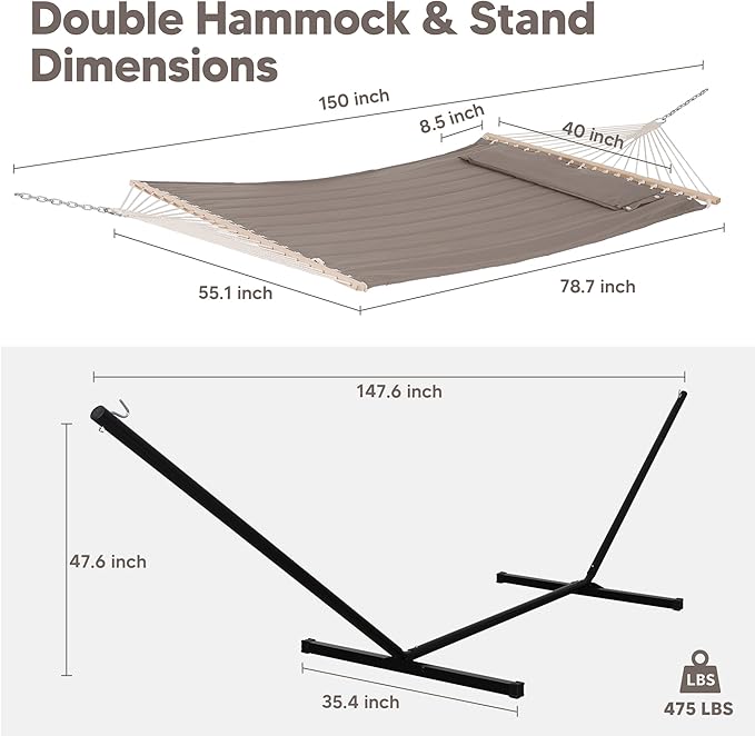 SUNCREAT 55 Inch Extra Large Double Hammock with 12 ft Stand 475lbs Capacity Outdoor Portable Hammock with Hardwood Spreader Bar Extra Large Pillow Brown