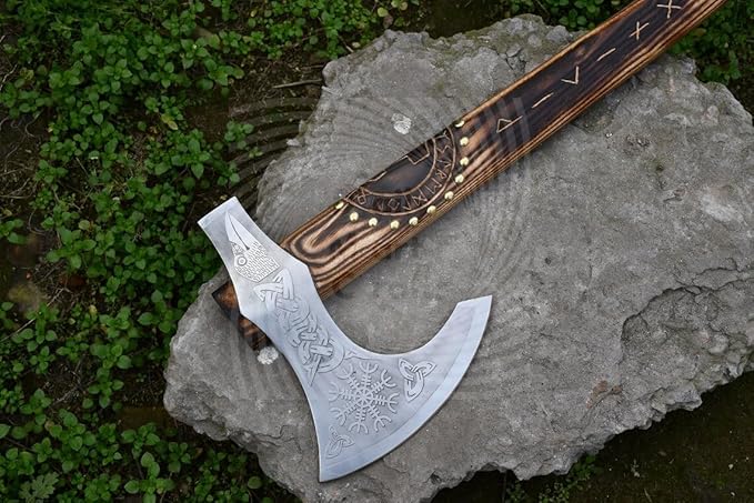 24-Inch Viking Battle Axe Hand Forged 5160 High Carbon Steel Blade Engraved Wood Handle Decorative Norse Design Viking Axe