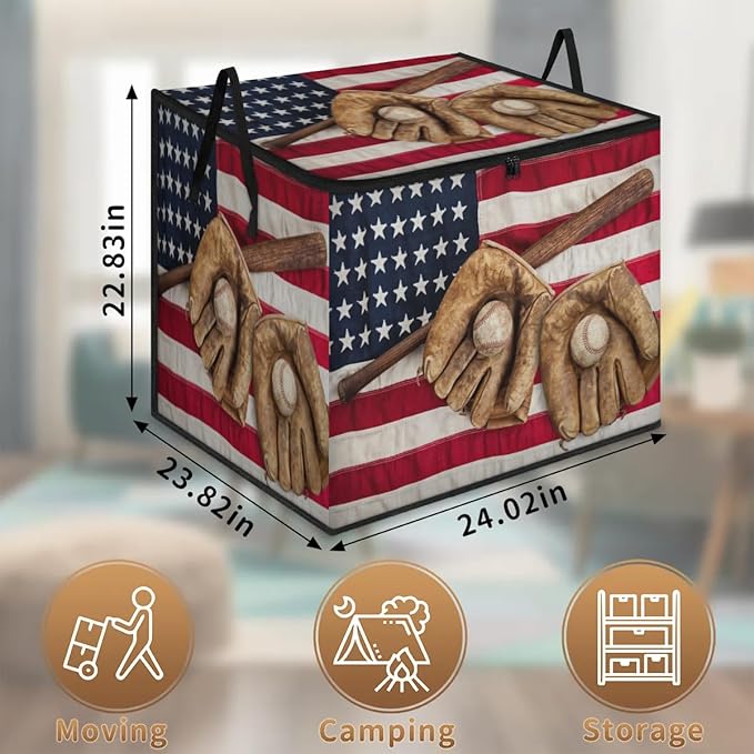 Large American Flag Storage Bags with Lid XL Blanket Clothes Storage Bins Foldable Organizers Storage Containers with Handle for Comforters Bed Sheets Pillows 4th of July Baseball
