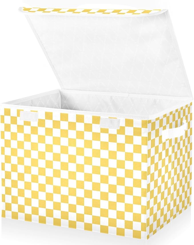 Yellow Checkerboard Storage Baskets Lidded Bin Foldable Storage Boxes Cubes Lids with 2 Handles for Organizing Closet Home Office