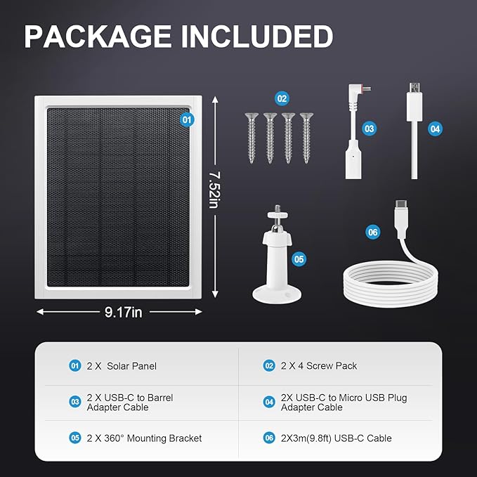 Ring Solar Panel8W Ring Solar Charger Compatible with Stick Up Camera &amp Pro Spotlight Plus &amp Pro Stick Up Spotlight Cam Battery9.35ft Long Cable with USB-C for Outdoor Cameras (White 2 Pa