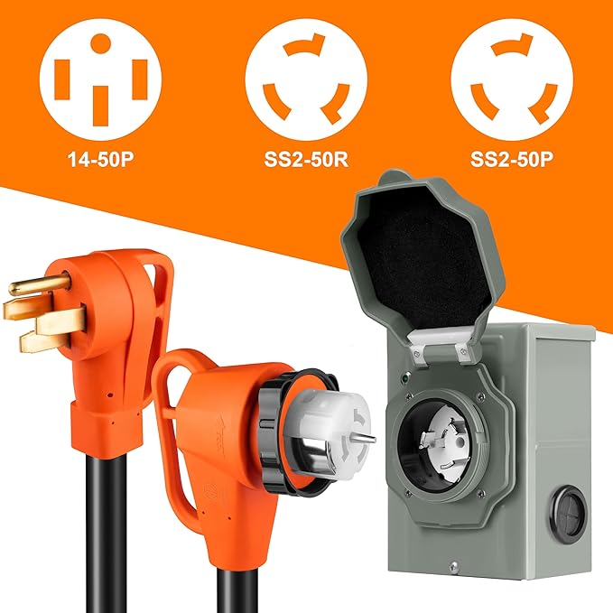 10FT 50 Amp Generator Cord and Power Inlet Box Kit NEMA 14-50P to SS2-50R Generator Extension Cord Pre-Drilled 50 Amp Generator Inlet Box with STW Wire 125/250V 12500WUL&ampETL Listed