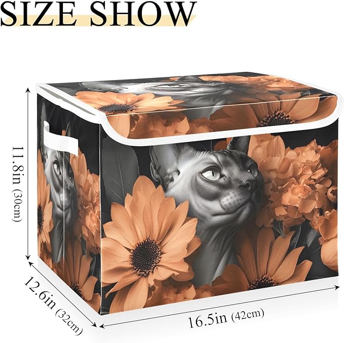 AIXIWAWA Lidded Storage Cube (Sphynx Cat Floral) Fabric Foldable Closet Bins with Flip Lid and Handles Organizer Basket Container 16.5 x 12.6 x 11.8 IN