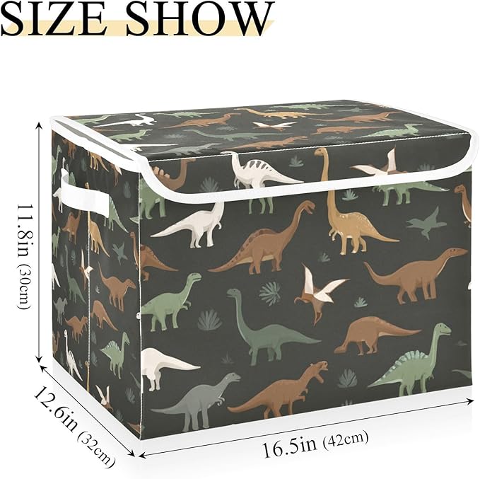 Storage Bins with Lids Storage Containers Box Organizer Bin Basket with Handles for Closet Shelves Clothes Stackable Foldable Decorative Green and Brown Dinosaurs