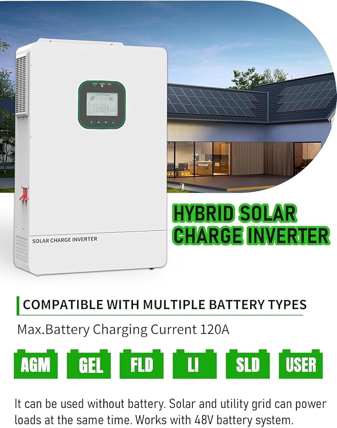 All in One 6500W Solar Hybrid Inverter Pure Sine Wave Inverter with Single PhaseMAX 6 Parallel Work with 48V DC to 110V AC Lead Acid/LiFePO4 for Home RVs (6.5KW-WiFi)