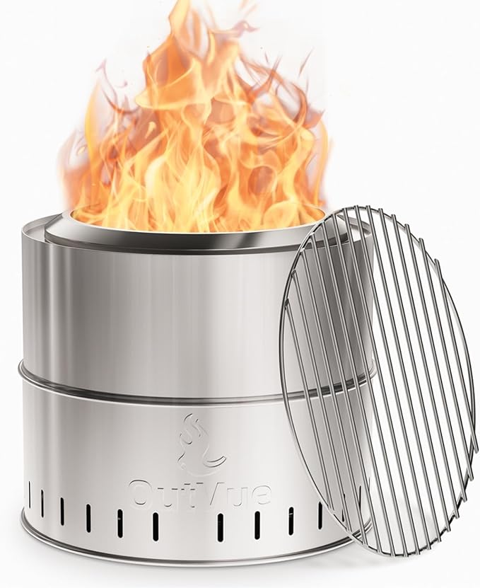 OutVue 15.5 inch Stainless Steel Smokeless Fire Pit with Grill Outdoor Smokeless Firepit Wood Burning Fire Pits for Camping Bonfire Low Smoke Firepit for Outside (Vertical Hole)