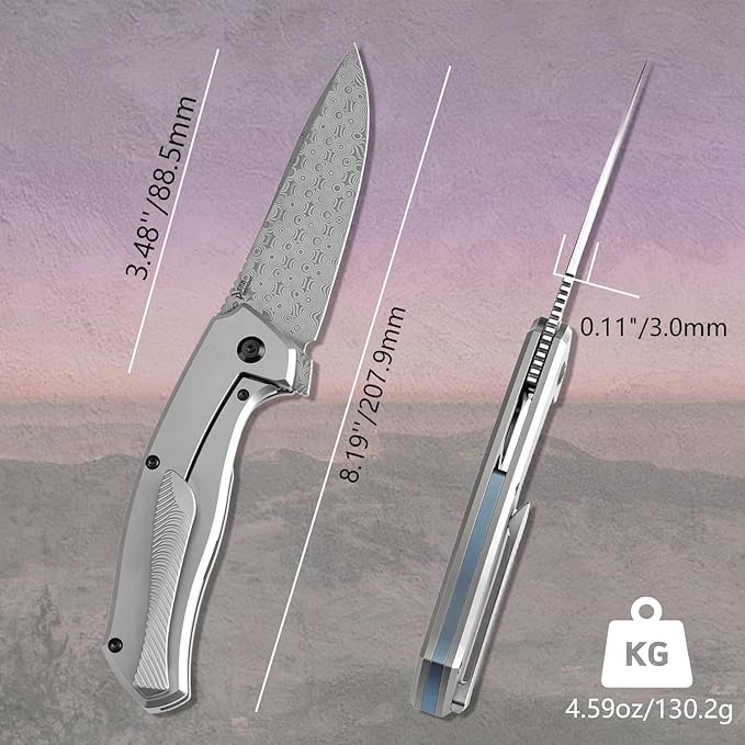 KANSEPT HAVØRN Pocket Folding Knives for Men Women Camping Hiking Folding Knife 3.48'' Damascus Blade Material Pocke Knife with Titanium Arctic Storm Fat Carbon Handle Everyday Carry K1069A3