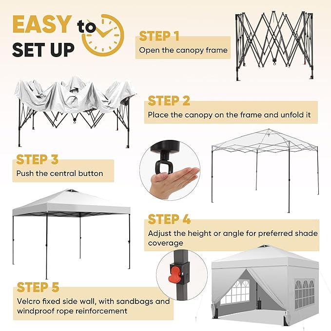 GDY 10x10 Pop Up Canopy Tent with 4 Sidewalls Easy Set up with One Push Lift Outdoor Silver Coated Beach Gazebos Carpas with 4 Sandbags for Events PartiesCamping White.