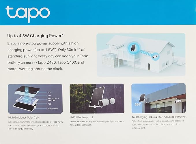 Tapo Solar Panel A200 (Compatible with MagCam C425 C420 and C400) Long-Lasting Charging Power with High-Efficiency Solar Cells IP65 Weatherproof 360° Adjustable Angle
