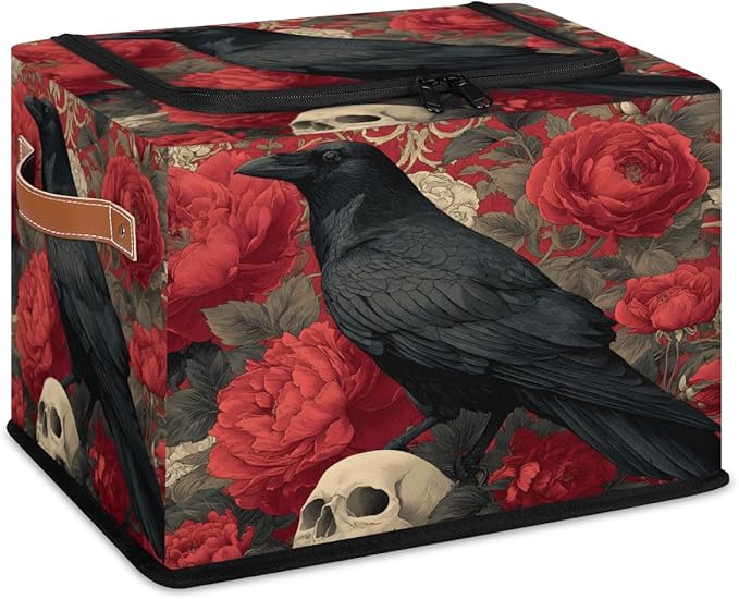 Halloween Raven Storage Bins with Lids Skull Flower Collapsible Cube Storage Basket with Leather Handle Foldable Storage Box with Lids for Organizing Home Closet