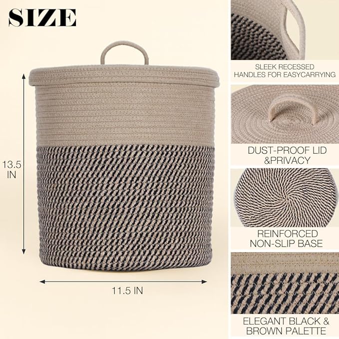 Yimi's Dream Cotton Rope Basket with Lid – Soft Storage Bin for Home Organization Brown &amp Brown‑Black Pattern Sturdy Lightweight &amp Stylish 11.5″ Round x 13.5″ High