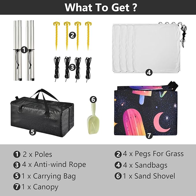 ALAZA Rainbow Popsicle Watermelon Moon Beach Tent Sun Shelter UPF50+ Protection Beach Shade Canopy w/ 4 Sandbags for Outdoor Camping Fishing Backyard Fun Picnic 10x9 ft