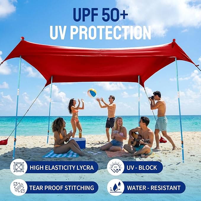 CROWN SHADES 10x10 Beach Tent Sun Shelter Easy Pop Up Beach Canopy Shade Portable Outdoor Carpas UPF50+ Includes 4 Poles Adjustable Aluminium Extra-Large Big Sand Shovel Red