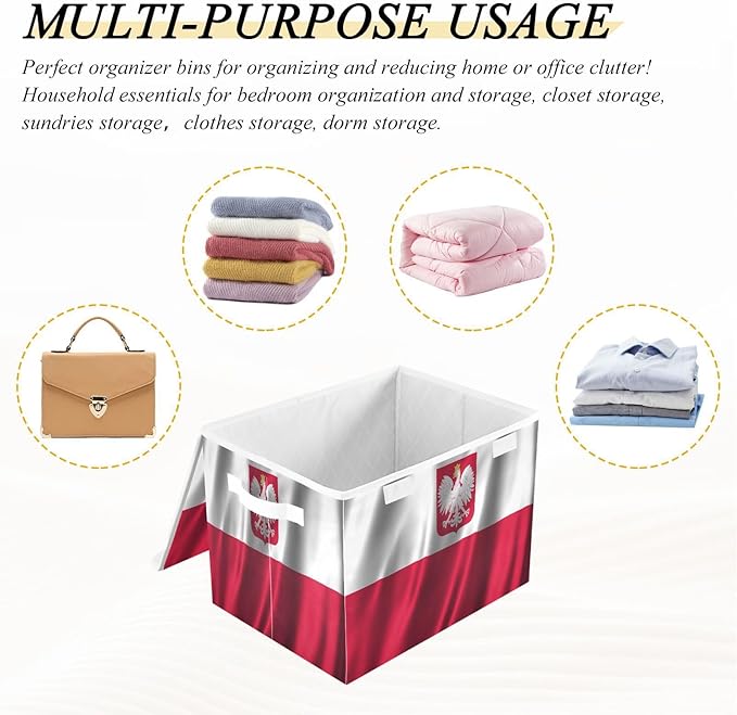 Poland State Ensign Flag Polish Storage Bins with Lid Foldable Book Storage Quart Storage Bins with Lids for School
