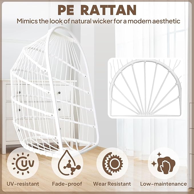 Chihee Egg Chair Foldable Wicker Rattan Hanging Swing Chairs Indoor Outdoor Patio Wicker Chair Hammock Chair with Stainless Steel Hanging Kit Chain Link UV Resistant Cushion Bedroom Balcony