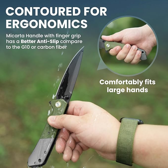 Pocket Knife For Men Folding Pocket Knife With 3.77 Sandvik 14C28N Blade &amp Micarta Handle Flipper Knife With 2-way Assisted Opening EDC Knife With Deep Pocket Clip For Hunting Camping