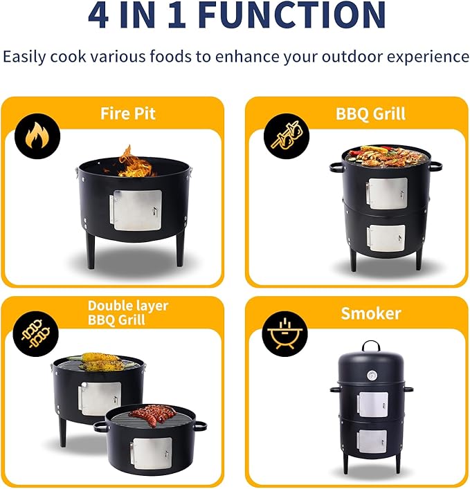 17 inch Vertical Charcoal Smoker BBQ Grill Fire Pit 3-in-1 with Built-in Thermometer Adjustable Air Vent Idea for Parties Backyard Patio Camping