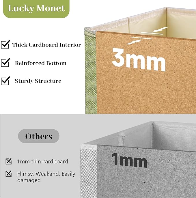 Lucky Monet 3PCS Storage Bins with Zipper Lids 15x10x10 Foldable Lidded Fabric Storage Boxes Baskets Cotton Linen Closet Shelf Clothes Organizer with Handles &amp Label Pocket (Green Large)