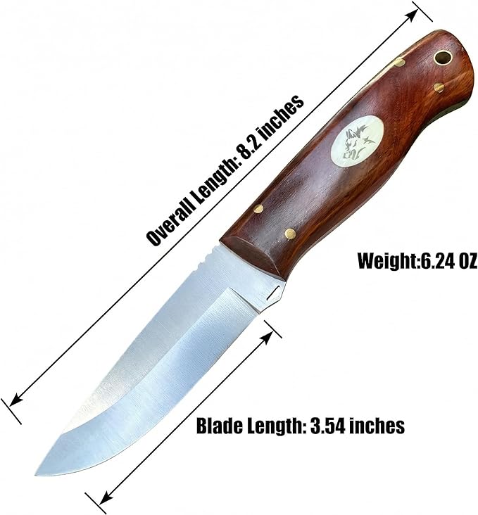3.54 inches Bowie Knife Full-tang D2 Steel Fixed Blade Rosewood Handle Hunting Knife with Leather for Camping Hiking Survival