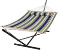 SUNCREAT Double Hammock Extra Large Quilted Fabric Swing with Hardwood Spreader Bars &amp Detachable Pillow Heavy Duty Perfect for Indoor/Outdoor Patio Deck Yard Blue&ampAqua