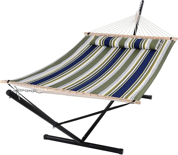 SUNCREAT Double Hammock Extra Large Quilted Fabric Swing with Hardwood Spreader Bars &amp Detachable Pillow Heavy Duty Perfect for Indoor/Outdoor Patio Deck Yard Blue&ampAqua